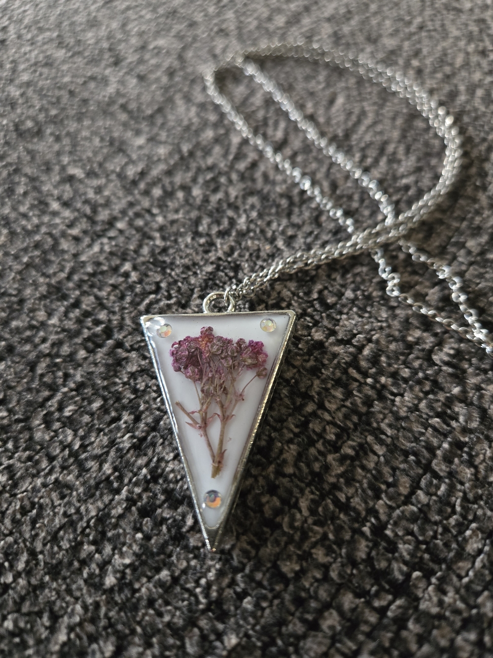 Triangle Resin Pendant Necklace with Preserved Pink Flowers